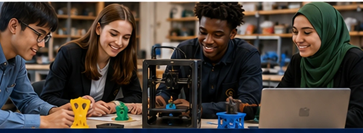 A diverse group of older students working together around a 3D printer
