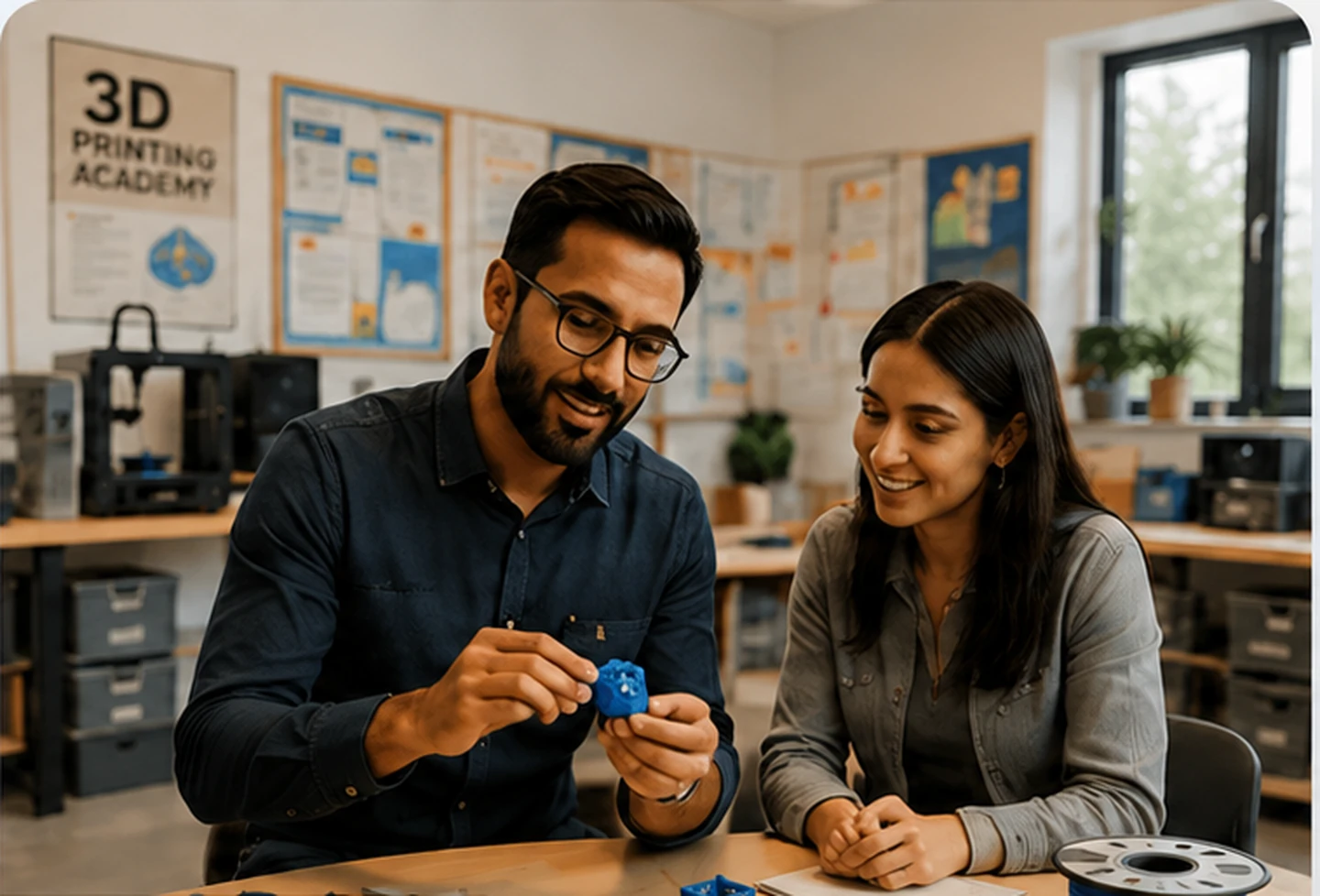 Two educators reviewing a 3D printed model in a practical learning space