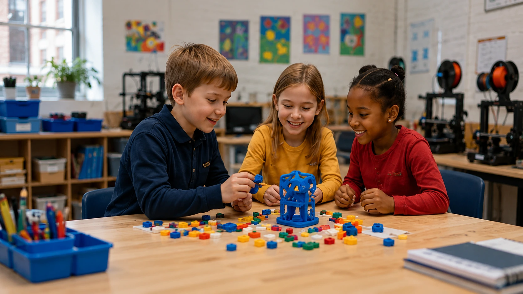 Young learners collaborating on a practical 3D design activity