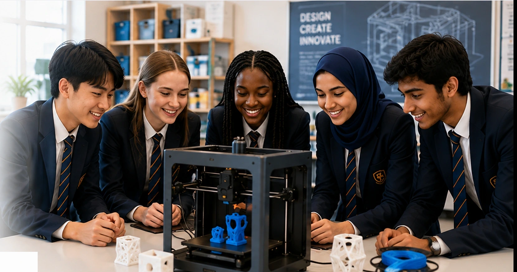 A diverse group of older students learning 3D printing together in a classroom